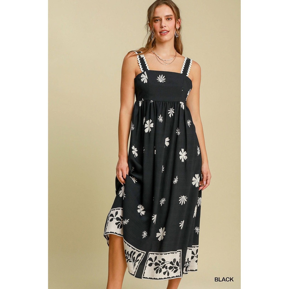 Umgee‎ Black White Floral Ric-Rac Trim Tie Back Maxi Dress Womens Medium